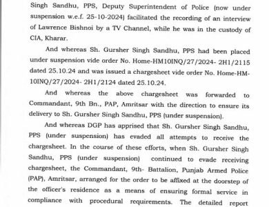 ਲਾਰੈਂਸ ਬਿਸ਼ਨੋਈ ਇੰਟਰਵਿਊ ਮਾਮਲਾ : ਡੀ.ਐਸ.ਪੀ. ਗੁਰਸ਼ੇਰ ਸਿੰਘ ਸੰਧੂ ਨੂੰ ਬਰਖਾਸਤ ਕਰਨ ਦੇ ਹੁਕਮ ਜਾਰੀ