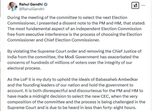 ਚੋਣ ਕਮਿਸ਼ਨਰ ਦੀ ਚੋਣ ਨੂੰ ਲੈ ਕੇ ਰਾਹੁਲ ਗਾਂਧੀ ਨੇ ਕੀਤਾ ਟਵੀਟ