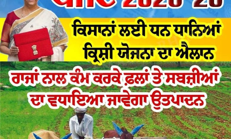 ਕਿਸਾਨਾਂ ਲਈ ਧਨ ਧਾਨਿਆਂ ਕ੍ਰਿਸ਼ੀ ਯੋਜਨਾ ਦਾ ਐਲਾਨ