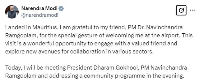 ਮਾਰੀਸ਼ਸ ਪੁੱਜਣ ਤੋਂ ਬਾਅਦ ਪ੍ਰਧਾਨ ਮੰਤਰੀ ਮੋਦੀ ਦਾ ਟਵੀਟ