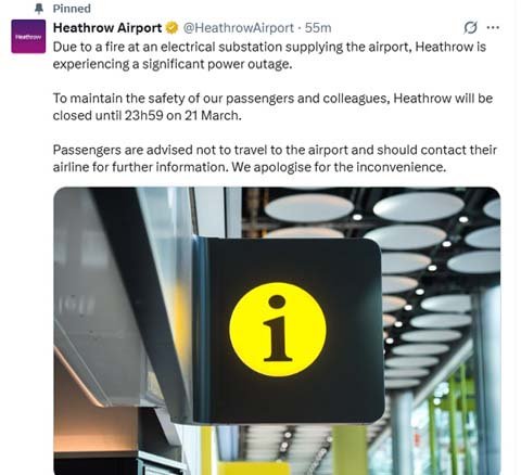 ਹੀਥਰੋ ਹਵਾਈ ਅੱਡੇ ਨੂੰ ਬਿਜਲੀ ਸਪਲਾਈ ਕਰਨ ਵਾਲੇ ਸਬਸਟੇਸ਼ਨ ’ਚ ਲੱਗੀ ਅੱਗ